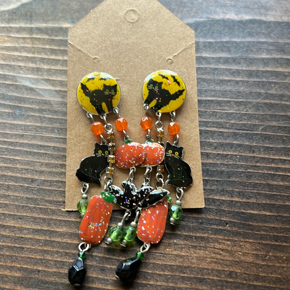 Vintage Dangle Black Cat Bat Pumpkin Pierced Earrings